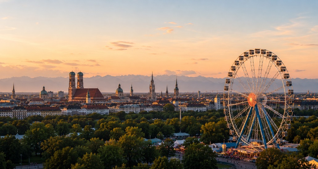 München bei Sonnenuntergang mit Riesenrad und Skyline